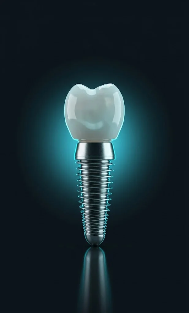 Implant dentar cu coroană ceramică, secțiune 3D